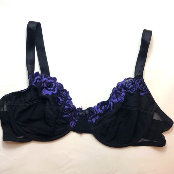 Delta Burke Black Sheer Purple Rose Embroidered Bra - Picture 10 of 10